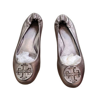 Tory Burch Reva-Metallic Tumbled Leather Ballet Women's Flats Size: 8